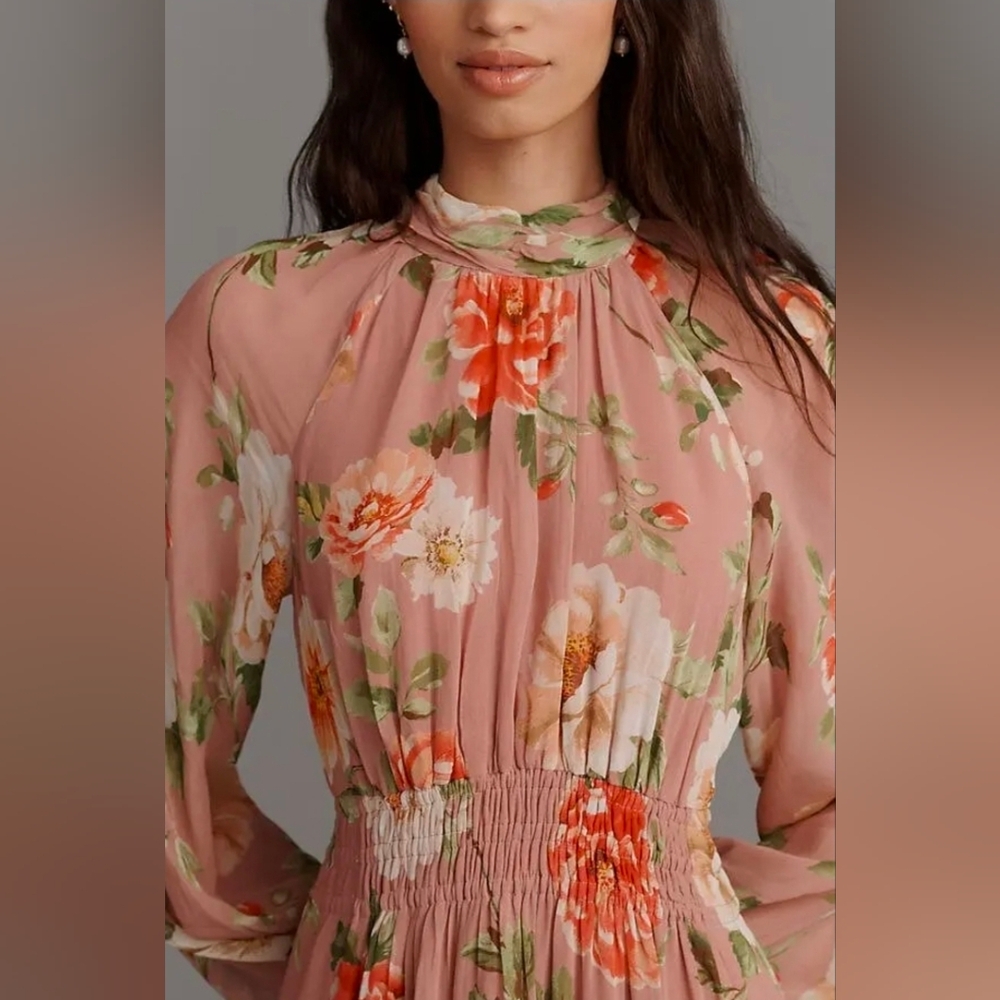 Anthropologie Somerset Long Sleeve Mock Neck Chiffon Pink Floral Maxi Dress - Picture 3 of 16